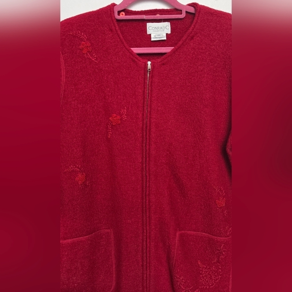 Vintage Conrad C 100% Wool Deep Red Full Zip Pocket Open Hand Beaded Cardigan - Picture 6 of 14